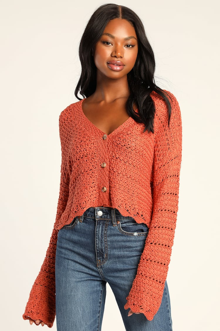 Weave It To Me Rust Orange Crochet Open Weave Cardigan | Lulus (US)