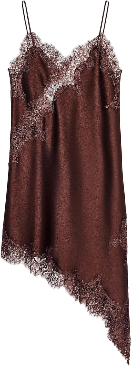 Women's Satin Lace Dress Asymmetric Cocktail Mini Dress Layering Essentials Elegant Dresses Date Night Outfits | Amazon (US)