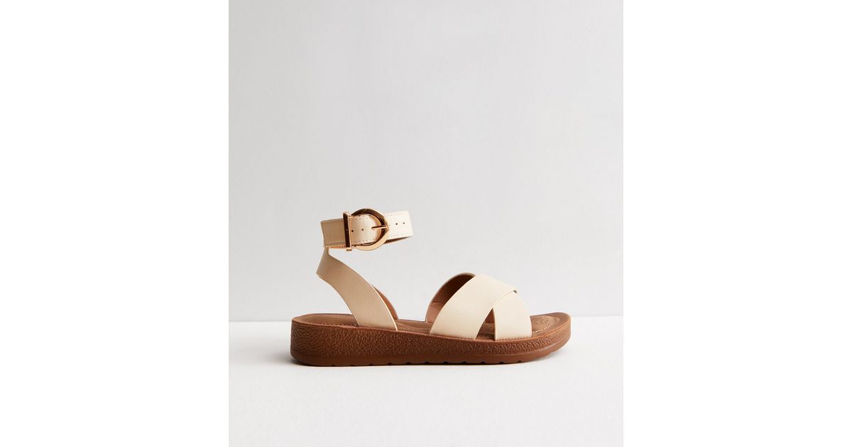 Wide Fit Off White Leather-Look Cross Strap Buckle Sandals
						
						Add to Saved Items
						... | New Look (UK)