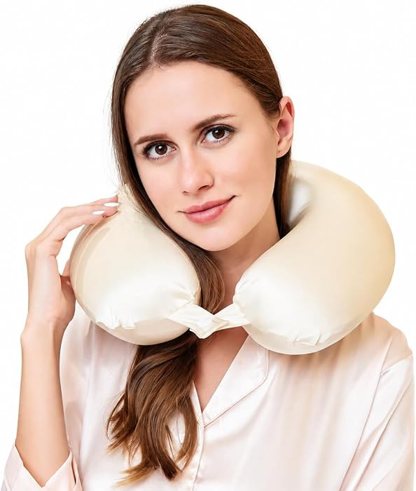 100% Mulberry Silk Neck Pillow for Travel 22 Momme Real Silk Travel Pillow for Pain Relief Sleepi... | Amazon (US)