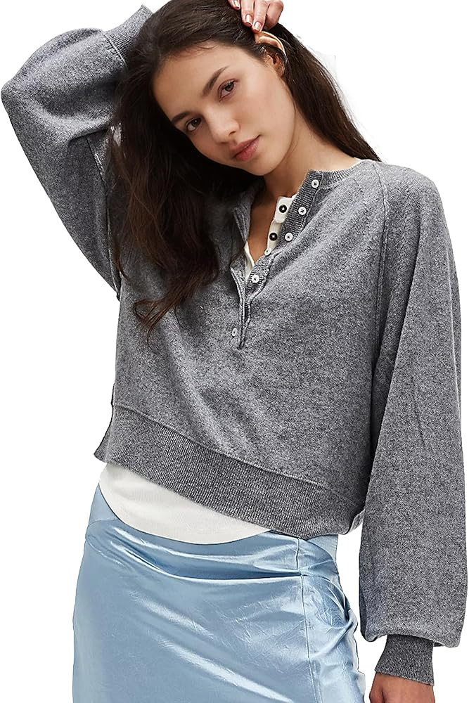 Hixiaohe Women's Long Sleeve Button Down Sweater Knitted Pullover Henley Shirts Casual Tops Light... | Amazon (US)