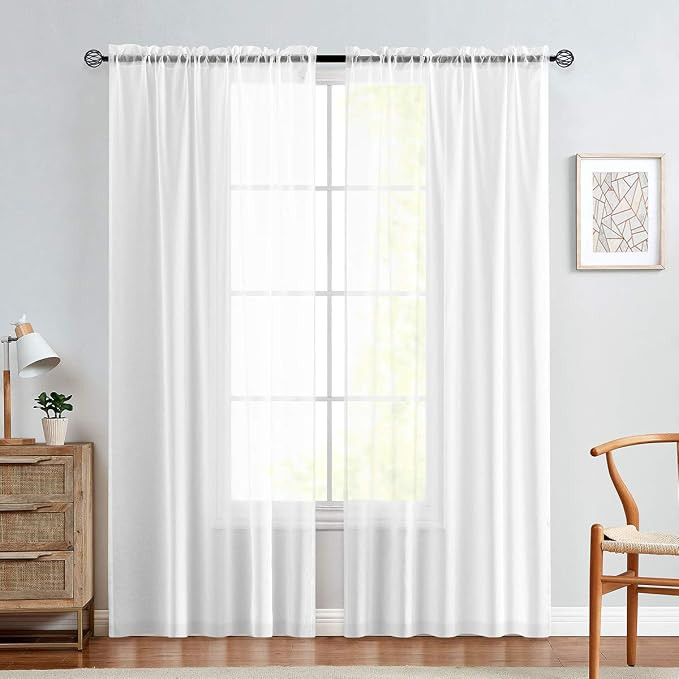 jinchan Sheer Curtains White 90 Inches Length Window Curtain Set for Living Room Drapes Textured ... | Amazon (US)
