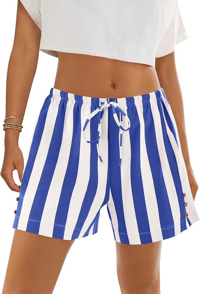 MEROKEETY Women's 2025 Summer Beach Lounge Shorts Casual Striped High Waisted Sleep Pajama Shorts | Amazon (US)