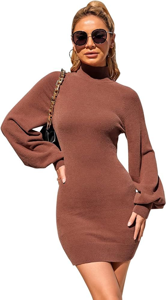 EXLURA Women's Mock Neck Ribbed Long Sleeve Bodycon Pullover Cute Mini Sweater Dress | Amazon (US)