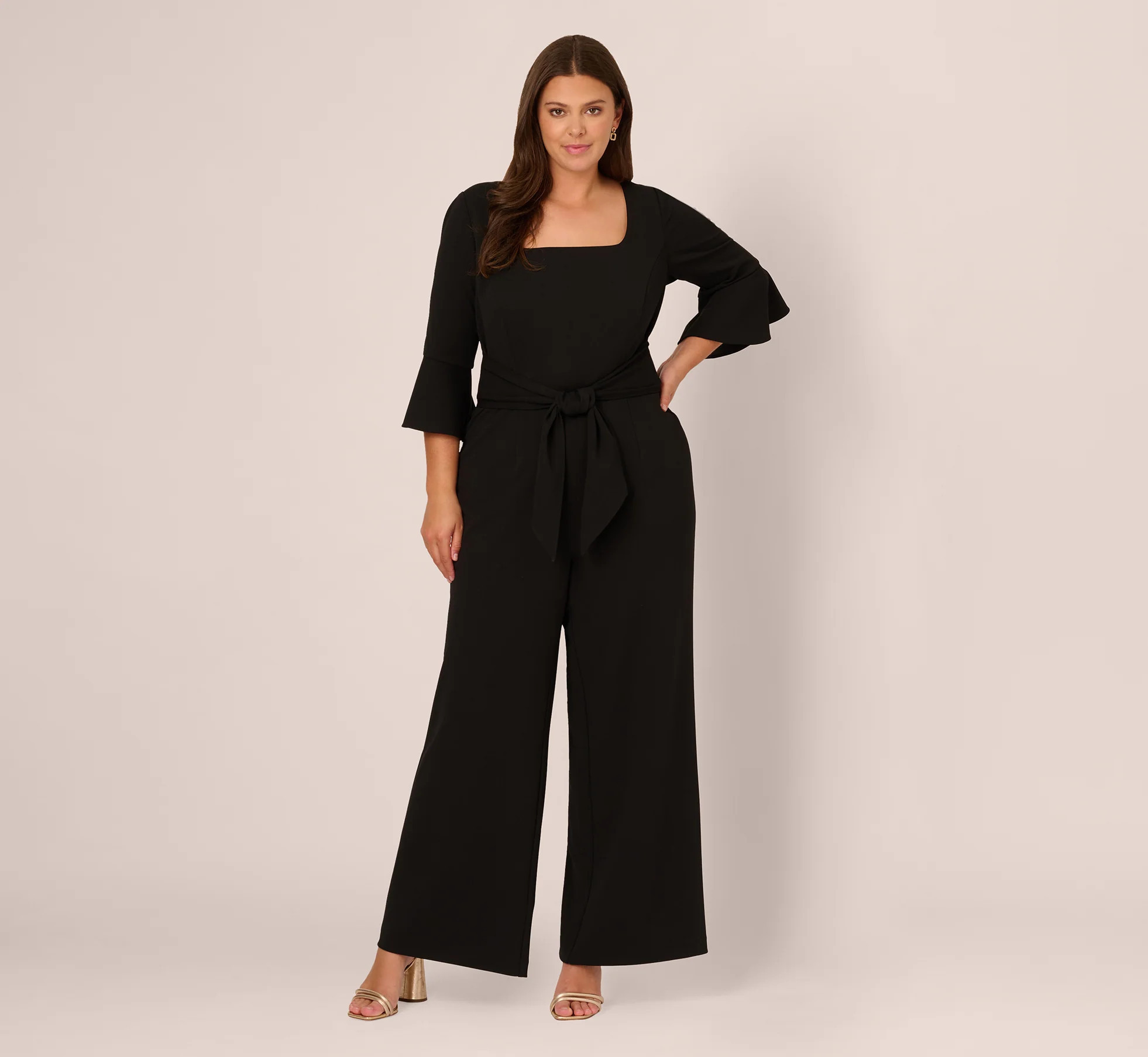 Plus Size Knit Crepe Wide Leg Jumpsuit With Bell Sleeves In Black | Adrianna Papell