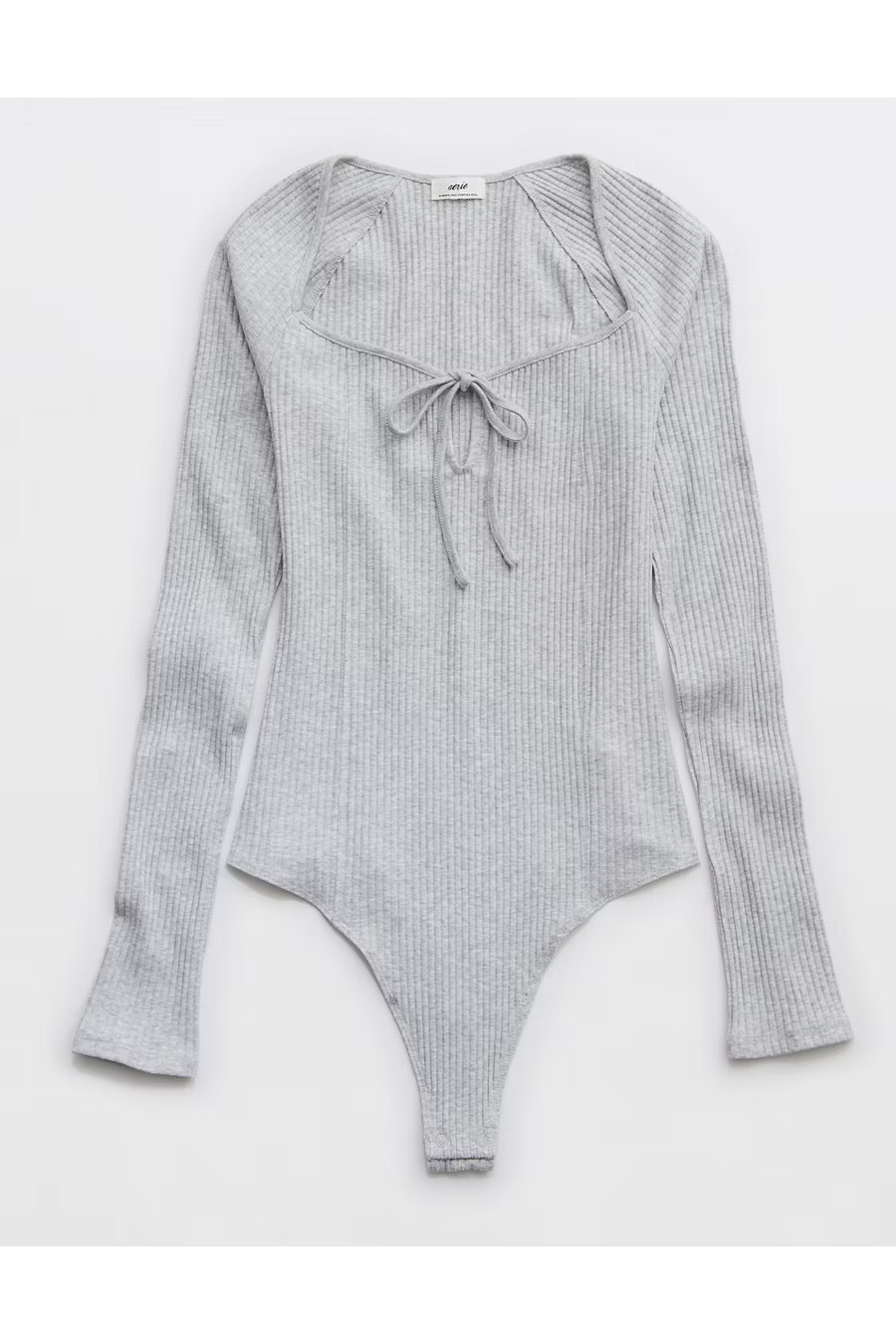 Aerie Long Sleeve Tie Front Bodysuit Women's Medium Heather Gray XXS | American Eagle Outfitters (US & CA)