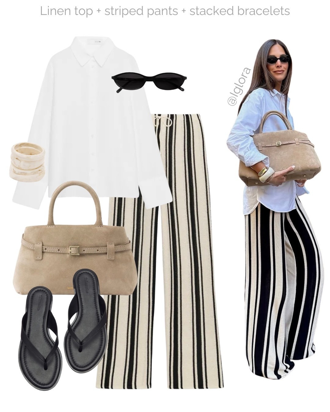 Pinterest early summer outfit inspired by @Iglora🤍

Tags: spring outfit formula, Zara striped pants, suede bag, leather sandals, stacked bracelets, black sunglasses, white linen button down, neutral aesthetic, capsule wardrobe

#LTKsummer #LTKbag #LTKshoes