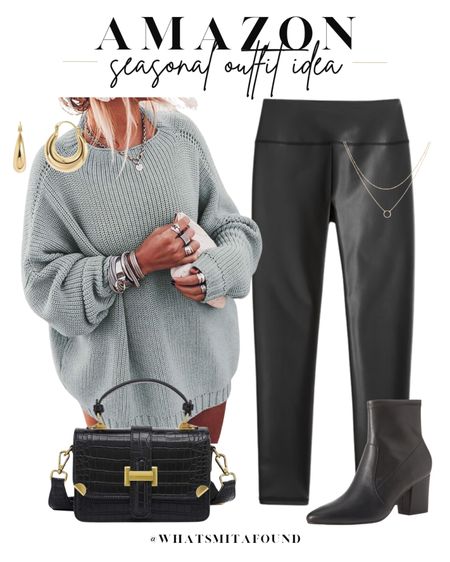 Amazon outfit idea, winter outfit idea, casual outfit idea, oversized sweater, chunky sweater, gray sweater, trendy sweater, winter sweater, leather leggings, faux leather leggings, black boots, black booties, heeled booties, black purse, trendy purse, crossbody purse, layered necklaces, gold hoops

#LTKfindsunder50 #LTKshoecrush #LTKitbag
