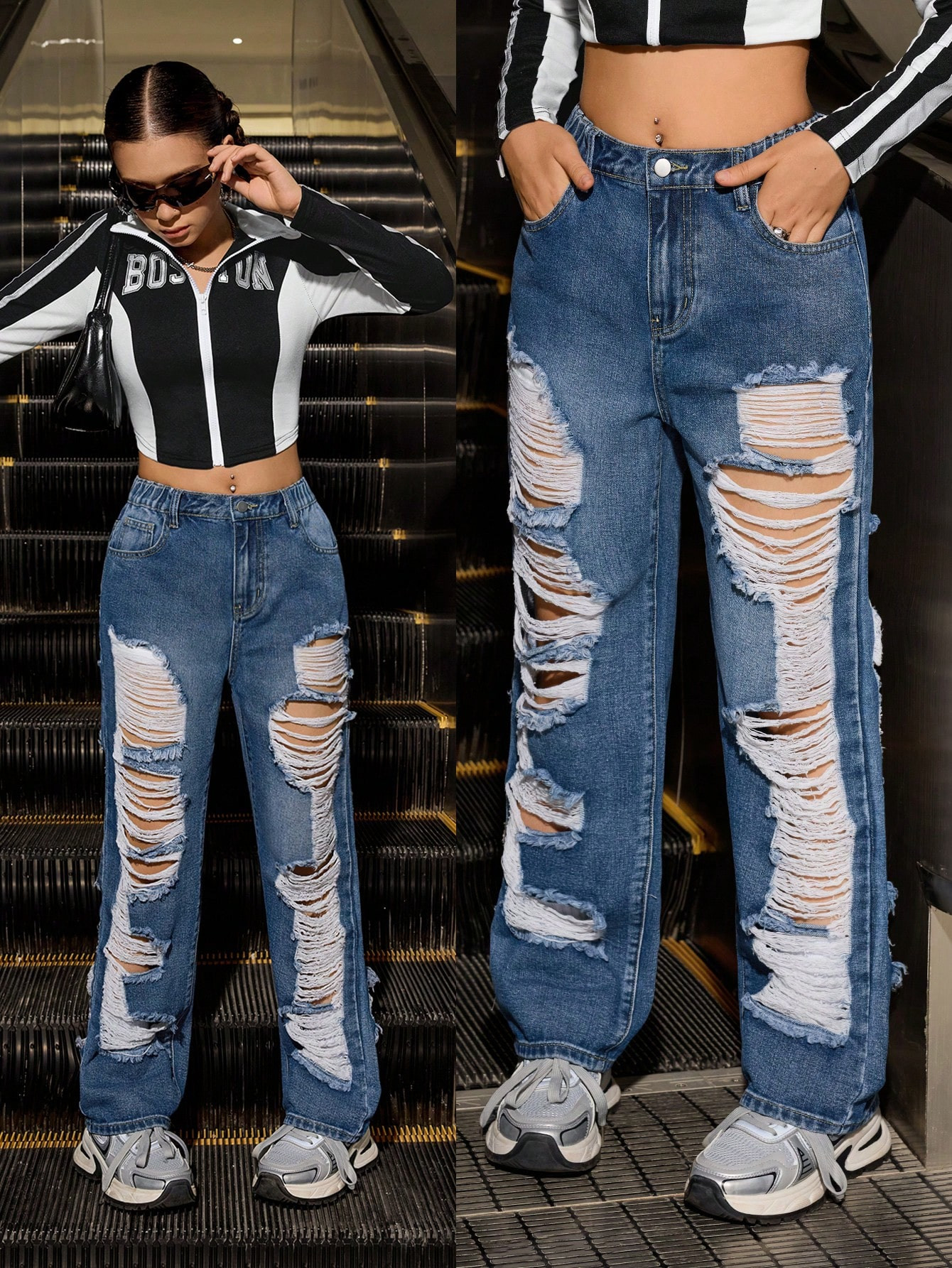 Streecool Kids Teen Girl Dark Wash Distressed Ripped Denim Jeans | SHEIN USA | SHEIN