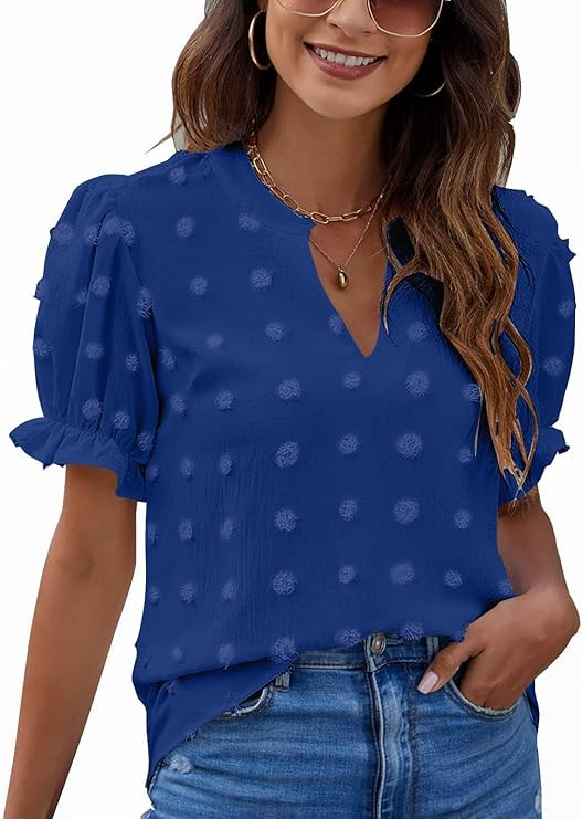 Blooming Jelly Womens Puff Sleeve Summer Tops Chiffon Short Sleeve Blouses White V Neck Pom Pom S... | Amazon (US)