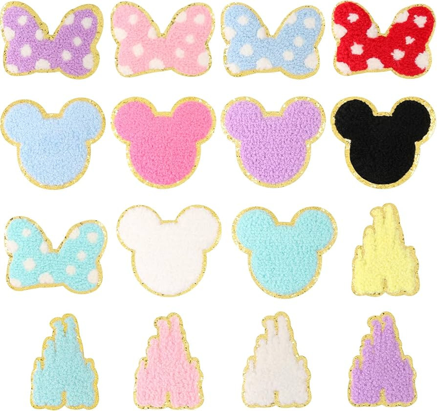 16 PCS Chenille Mouse Head Iron on Patches, CCOZN Colorful Chenille Castle Bowknot Mouse Embroide... | Amazon (US)