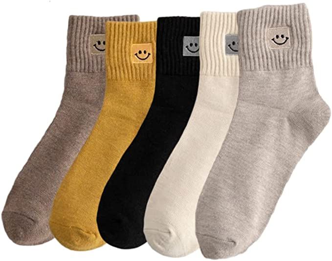 Duboby 5 Pairs Smile Face Crew Socks, Kawaii Cute Ankle Socks, Spring Breathable Cute Solid Color... | Amazon (US)