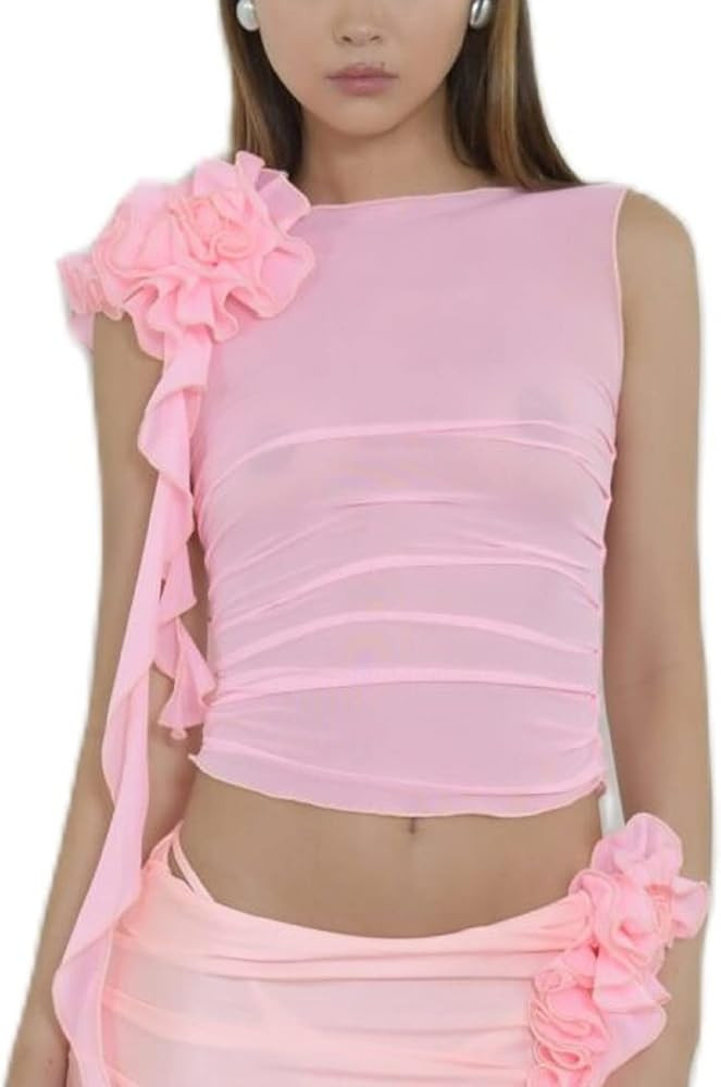 Sexy Tank Top for Women 3D Floral Tassels Ruffle Crop Top Y2K Slim Fitted Sleeveless Shirt Tee | Amazon (US)