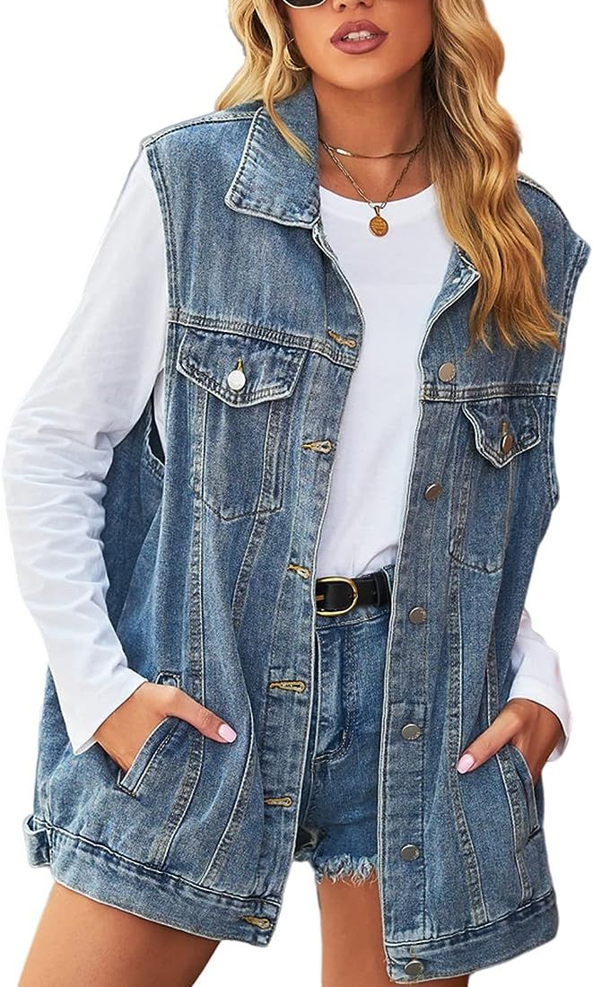 Perbai Women's Oversized Denim Vest Mid Long Jean Vest Distressed Sleeveless Denim Jacket | Amazon (US)