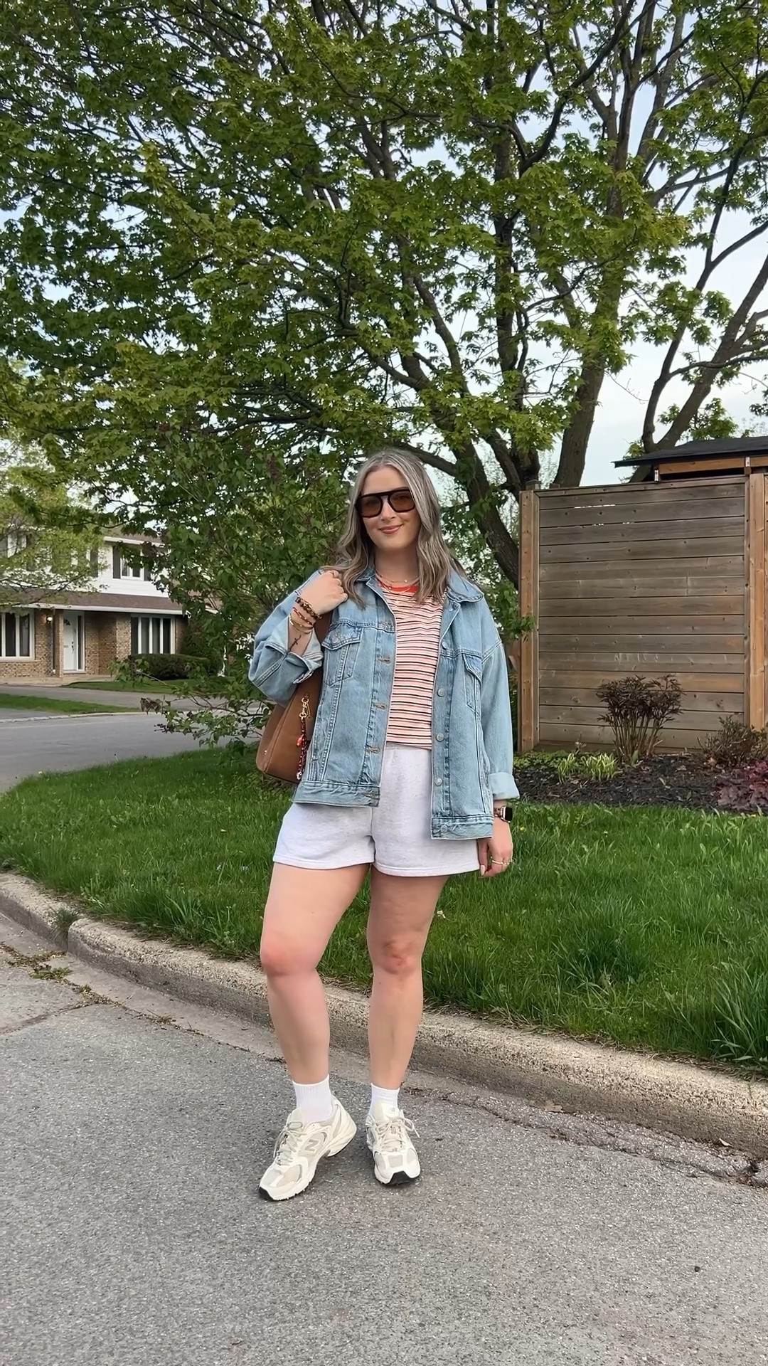 OOTD for a walk! Wearing my usual L in the sweatshorts. Sized up to XL in the striped tee cause I have a larger chest. Also sized up to XL in the denim jacket for an oversized fit. New Balance sneakers are super comfy but run big, I’m a 9.5-10 and wear a 9.

#LTKsummer #LTKmidsize #LTKstyletip