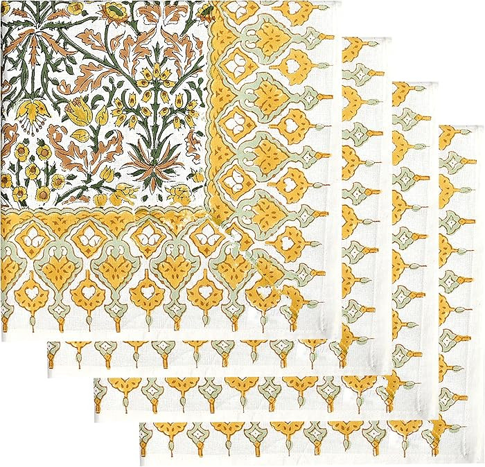 Ridhi Block Print Goldenrod Yellow Border Napkins 20" x 20" Inch Set 4 -Reusable Cotton Decorativ... | Amazon (US)