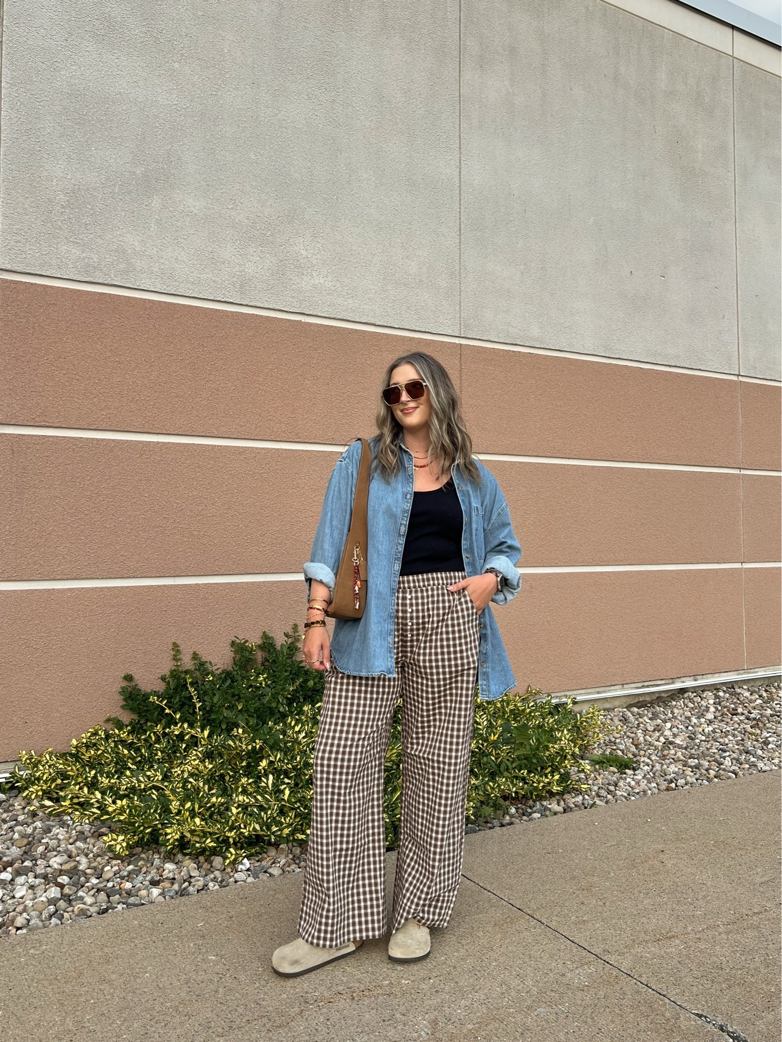Early fall ootd! Plaid pants are so comfy & lightweight, wearing M. Wearing L in the basic black tank, should have done M. Also wearing L in the denim shirt - one of my most worn closet staples! Canadian Old Navy links are under “similar products”. I’m a 9.5-10 shoe and wear a 40 in the Birkenstock clogs

#LTKfall #LTKmidsize #LTKstyletip