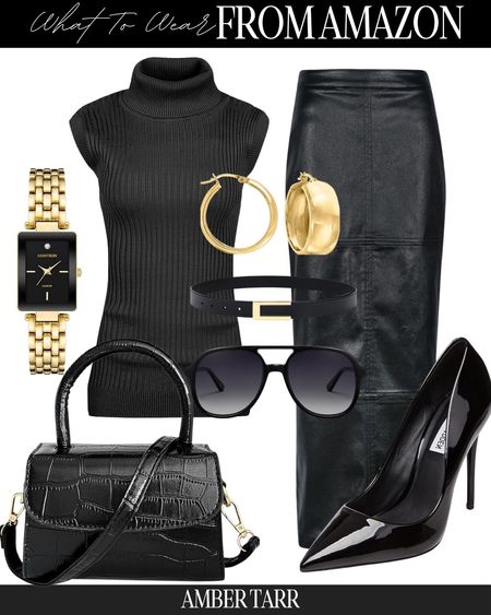 All black ultra chic outfit. Sleeveless mock neck sweater top, faux leather maxi skirt with gold accessories. 

#LTKfindsunder50 #LTKfindsunder100 #LTKover40