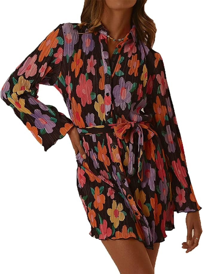 Women Shirt Dresses Long Sleeve Pleated Mini Dress Casual Button Down Tunic Tops with Belt Vintag... | Amazon (US)