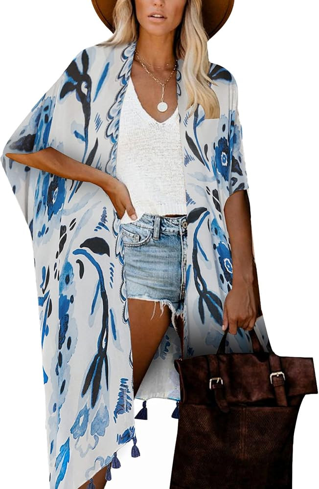 Moss Rose Women's Beach Cover up Swimsuit Kimono with Bohemian Floral Print, Loose Casual Resort Wea | Amazon (US)