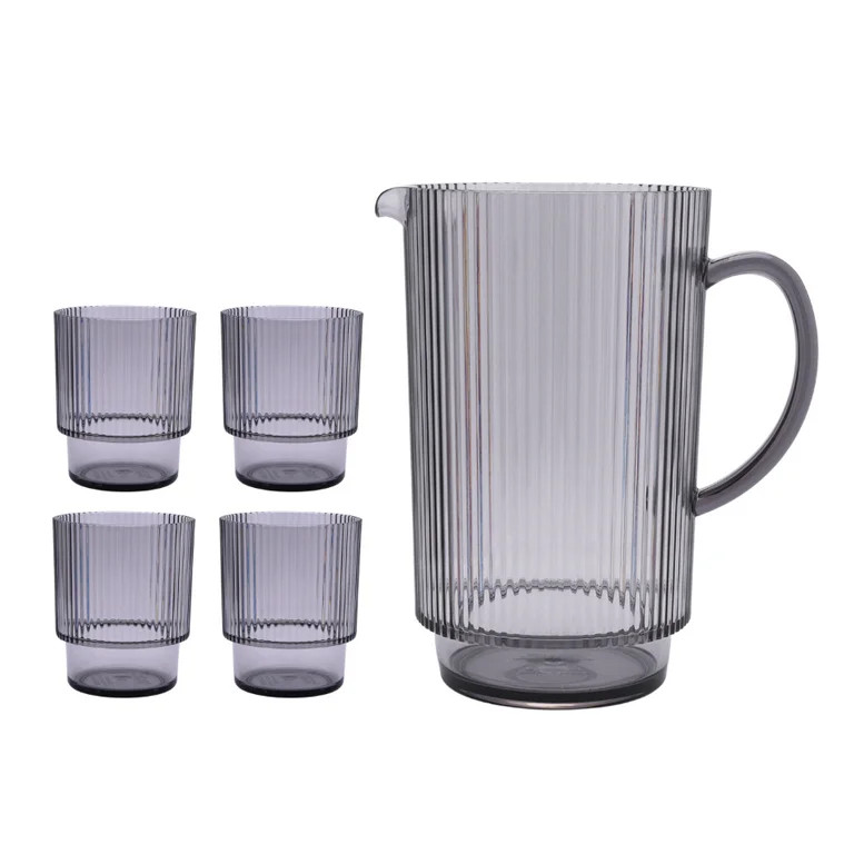 Better Homes & Gardens Gray 2.2-Quart Plastic Ribbed Pitcher Set with Tumblers, 5-Piece | Walmart (US)