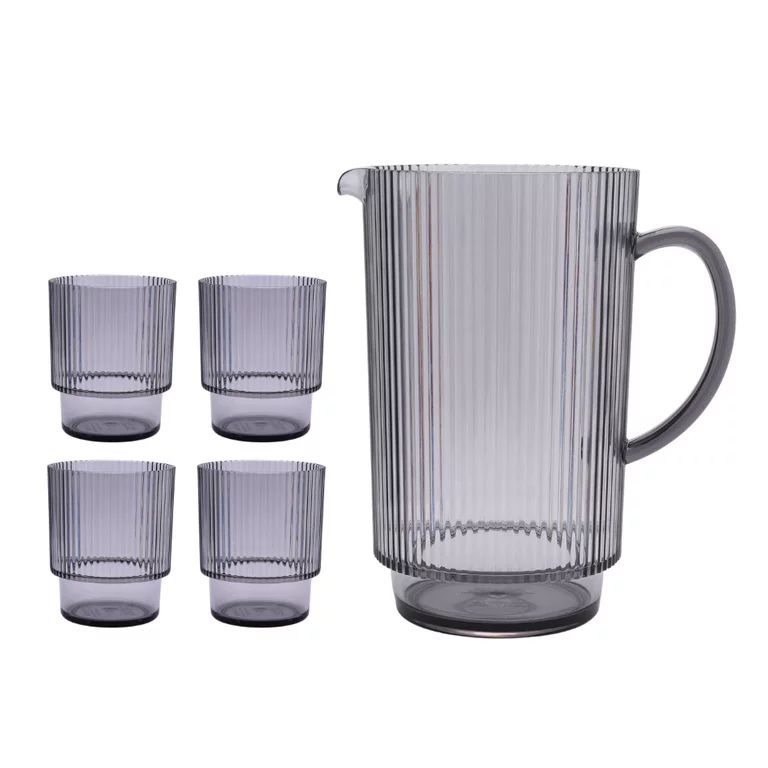 Better Homes & Gardens Gray 2.2-Quart Plastic Ribbed Pitcher Set with Tumblers, 5-Piece | Walmart (US)