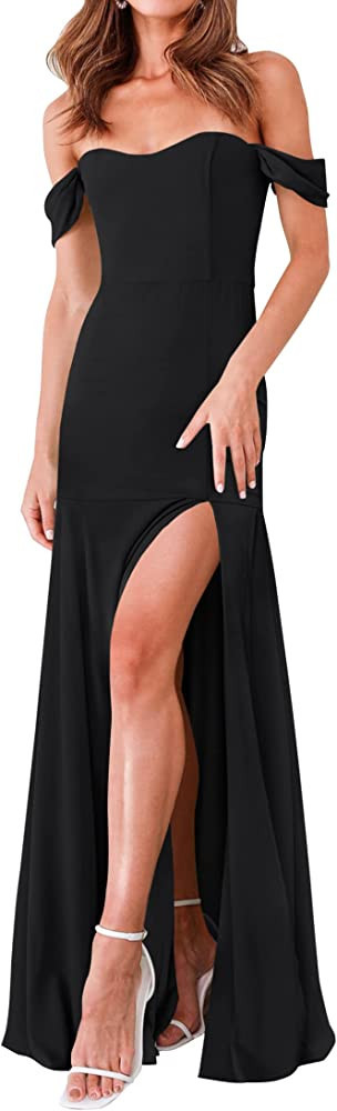 ZESICA Women's 2023 Off Shoulder Long Party Dress Short Sleeve High Split Bodycon Evening Gown Ma... | Amazon (US)