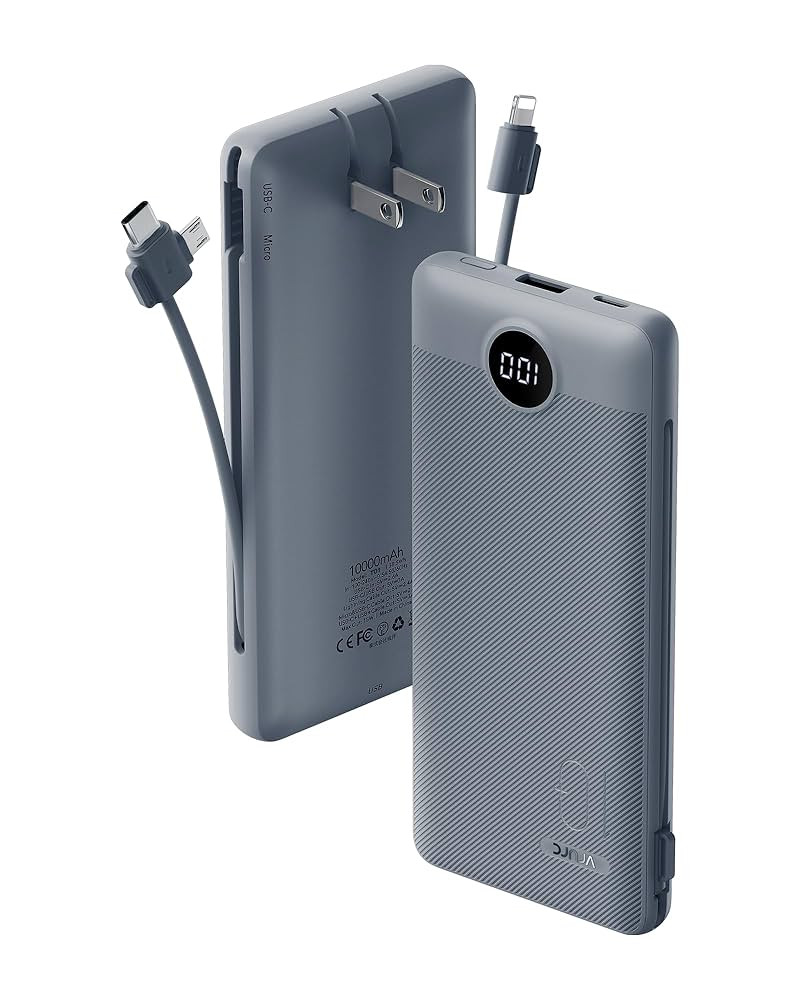 VRURC Portable Charger Built-in Cables and AC Wall Plug, USB C Power Bank 10000mAh, Travel Batter... | Amazon (US)