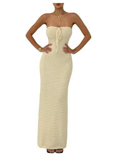 SOLY HUX Women's Summer Crochet Tube Maxi Dress Tie Front Strapless Sleeveless Bodycon Knit Long Dresses Plain Apricot Small | Amazon (US)