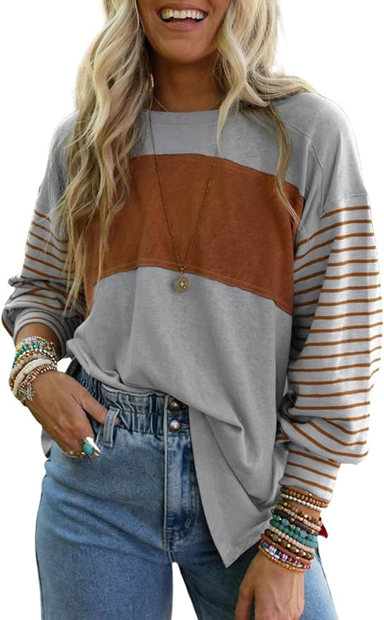 Dokotoo Long Sleeve Fall Tops Oversized 2024 Trendy Round Crew Neck Casual Color Block Womens Shi... | Amazon (US)