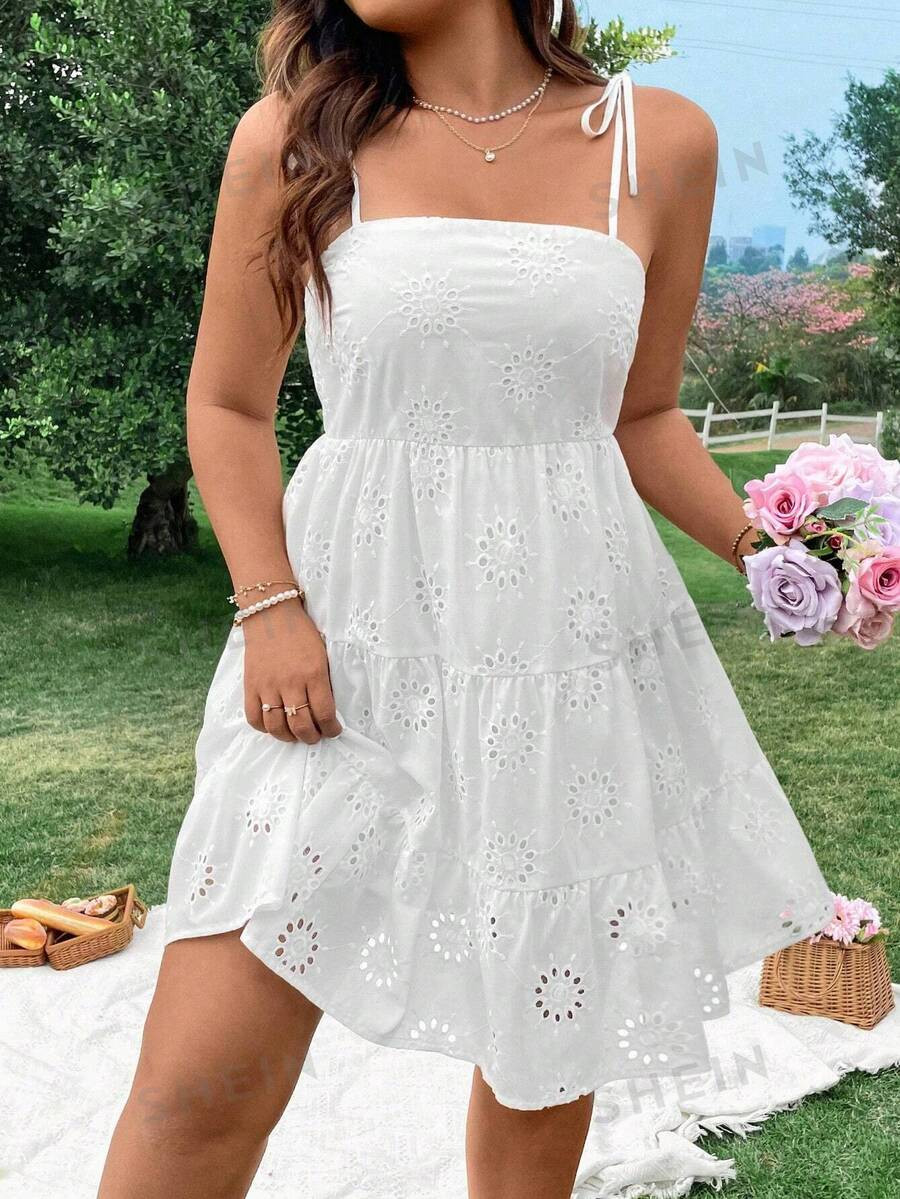 SHEIN WYWH Plus Size Women'S White Embroidered Elegant & Simple Spaghetti Strap Layered Dress | SHEIN