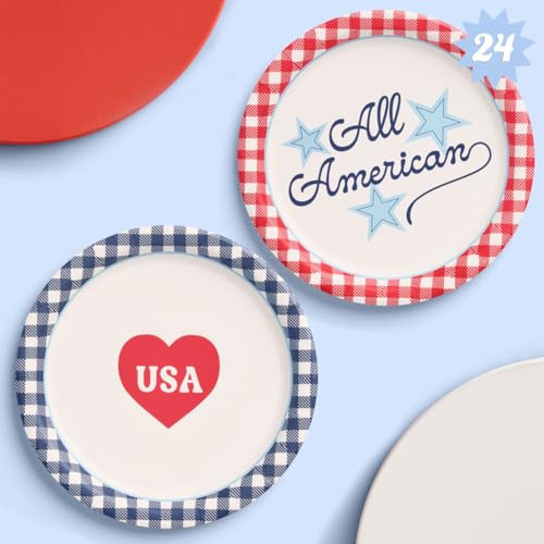xo, Fetti All American USA Paper Plates | 24 pcs, 9" | 4th of July Tableware, Southern Bachelorette Decorations, Patriotic Dinner Party Setting, Birthday Tablescape | Amazon (US)