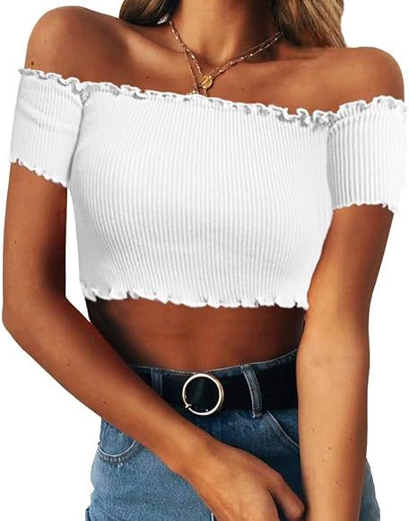 PRETTODAY Women's Sexy Off Shoulder Crop Tops Short Sleeve Shirts Casual Slim Tees | Amazon (US)