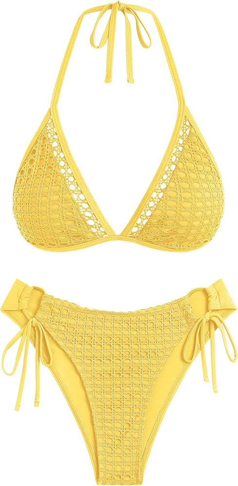 ZAFUL Women's Halter Triangle Bikini Set Crochet Boho Floral Swimsuit Cut Out Tie Side Two Piece ... | Amazon (US)