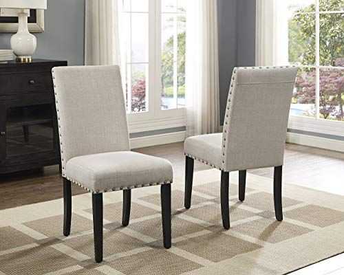 Roundhill Furniture Biony Tan Fabric Dining Chairs with Nailhead Trim, Set of 2 | Amazon (US)