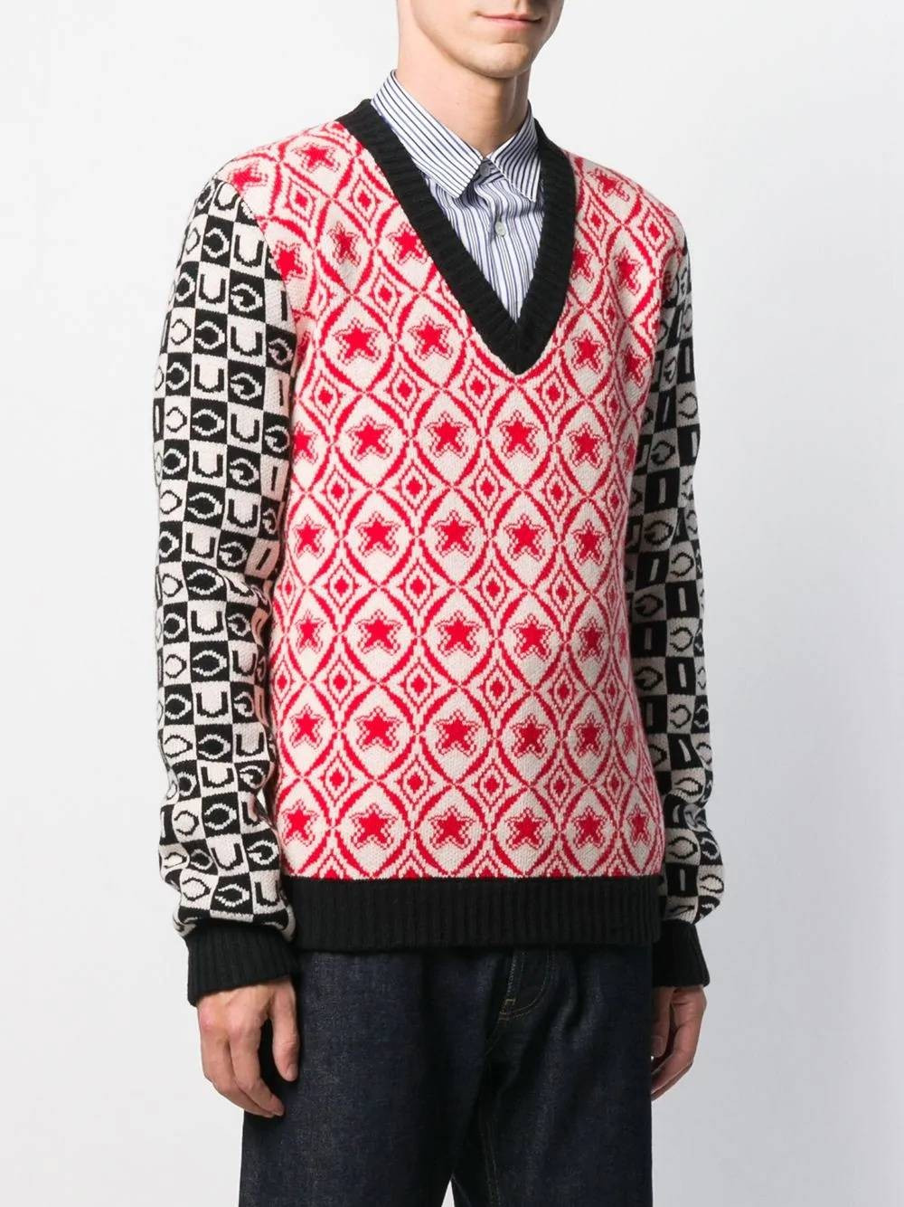 Gucci $1100 GUCCI jacquard logo wool v-neck sweater Medium | Grailed | Grailed