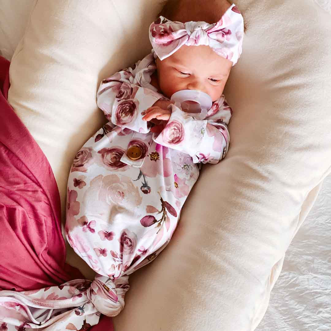 Rosie's Rose Garden Newborn Baby Knot Gown & Hat Set | Caden Lane