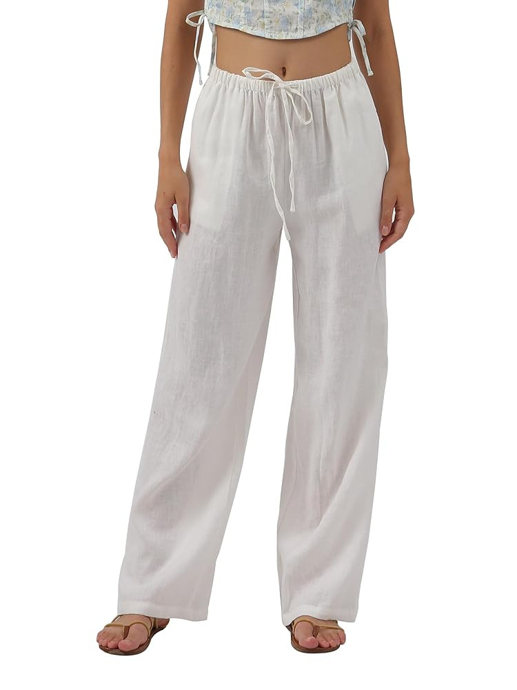 Amazhiyu Womens Pure Linen Summer Drawstring Flowy Wide Leg Pants with Pockets | Amazon (US)