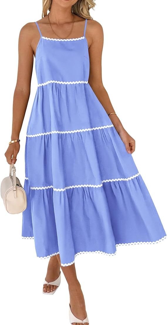 BTFBM Boho Summer Dresses 2024 Vacation Spaghetti Strap Backless RIC Rac Trim Tiered A-Line Long ... | Amazon (US)