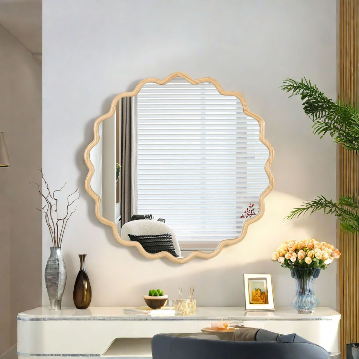 36" Solid Wood Scalloped Round Wall Mirror, Natural Wavy Wooden Frame Decorative Mirror for Livin... | Target