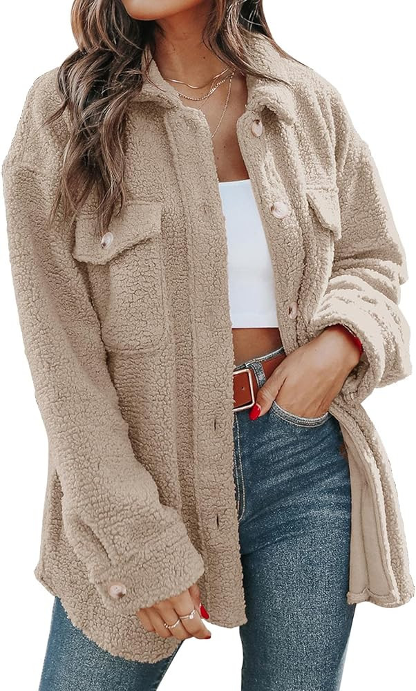 Amazon.com: Women's Button Down Sherpa Fleece Shacket Long Sleeve Fuzzy Teddy Coat Jacket : Cloth... | Amazon (US)