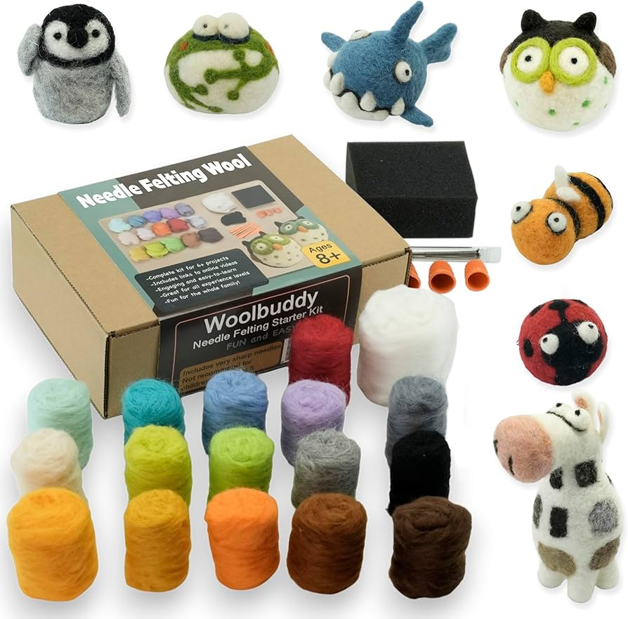Woolbuddy Needle Felting Wool Kit – Starter Set to Make 6 Cute Animals – Includes Wool, Pad, ... | Amazon (US)