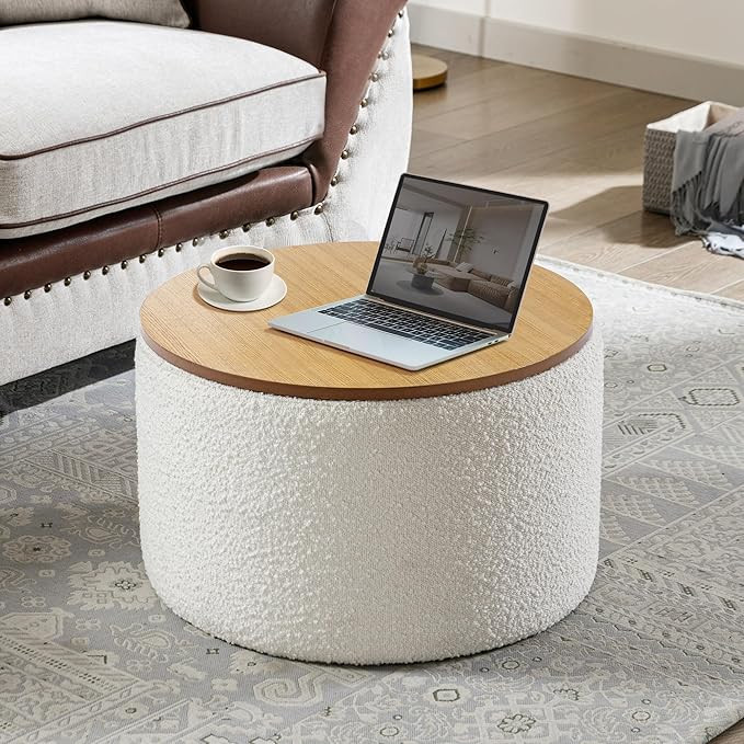 Round Ottoman Coffee Table with Wood Lid, Boucle Storage Ottoman, Sherpa Foot Rest Stool for Livi... | Amazon (US)