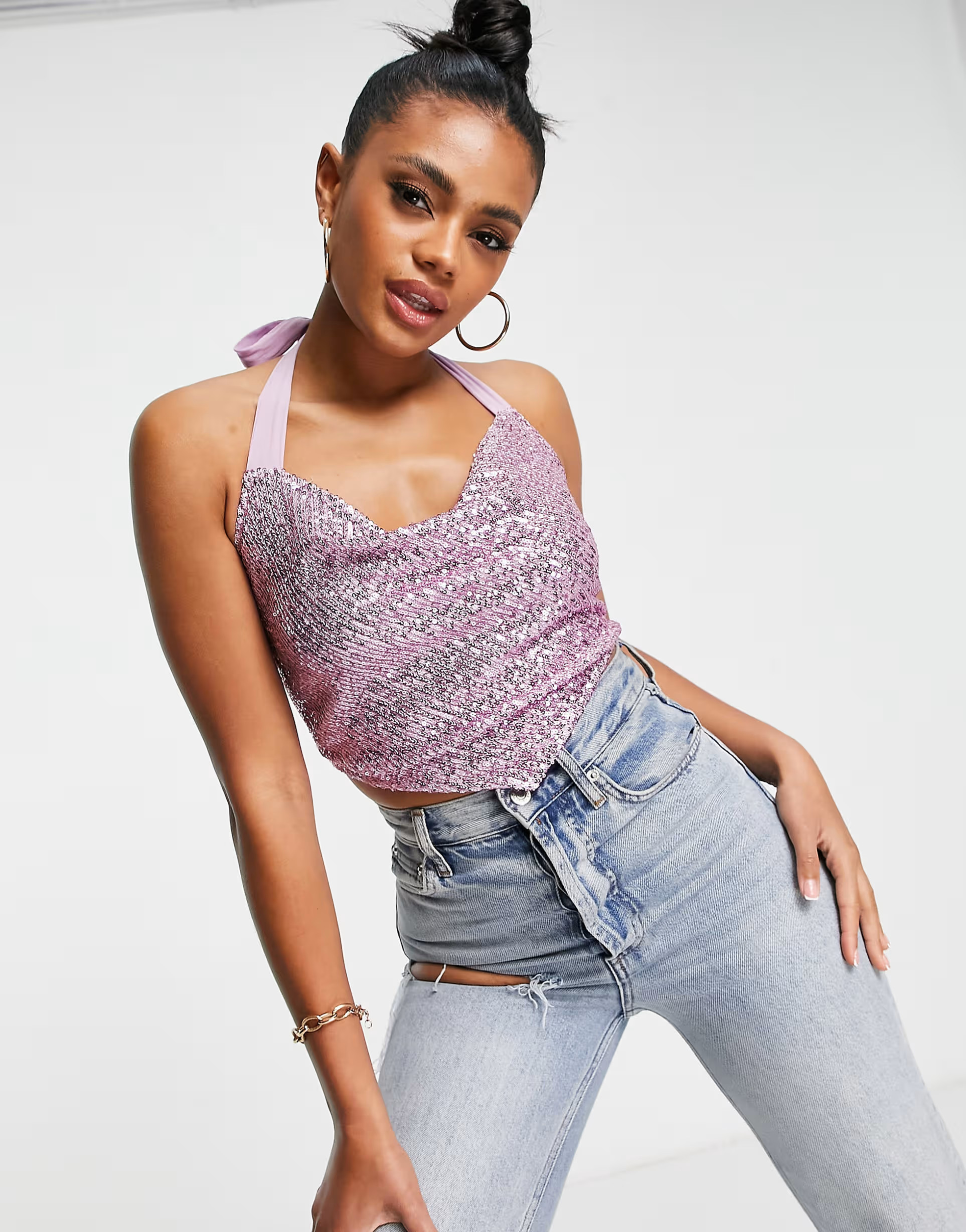 ASOS DESIGN sequin cowl neck scarf hem cami in pink | ASOS (Global)