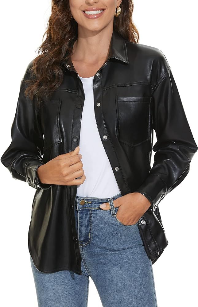 Fahsyee Women Faux Leather Shacket Moto Biker Shirts Loose Fit Blazer Long Sleeves Button Casual ... | Amazon (US)