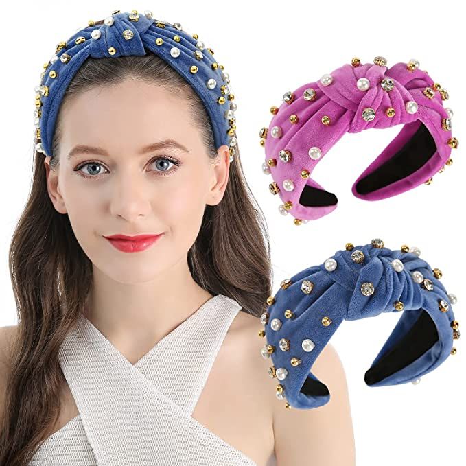 QIANXUAN Wide Rhinestone Headband For Women Pearl Headbands For Girls White Top Knot Headband Wit... | Amazon (US)