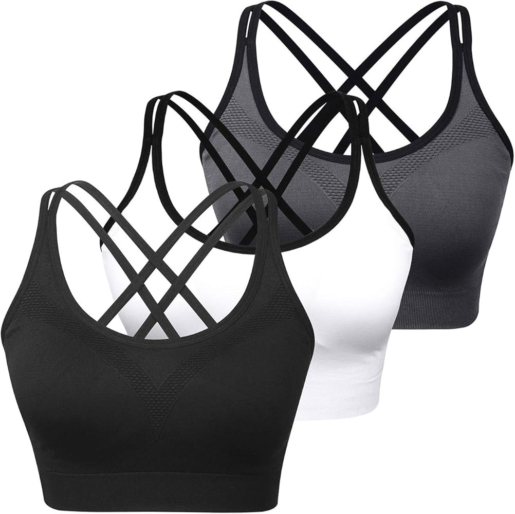 Womens Sports Bras - Cross Back Padded Wirefree Comfort Workout Bras for Yoga Fitness 3 Pack | Amazon (US)