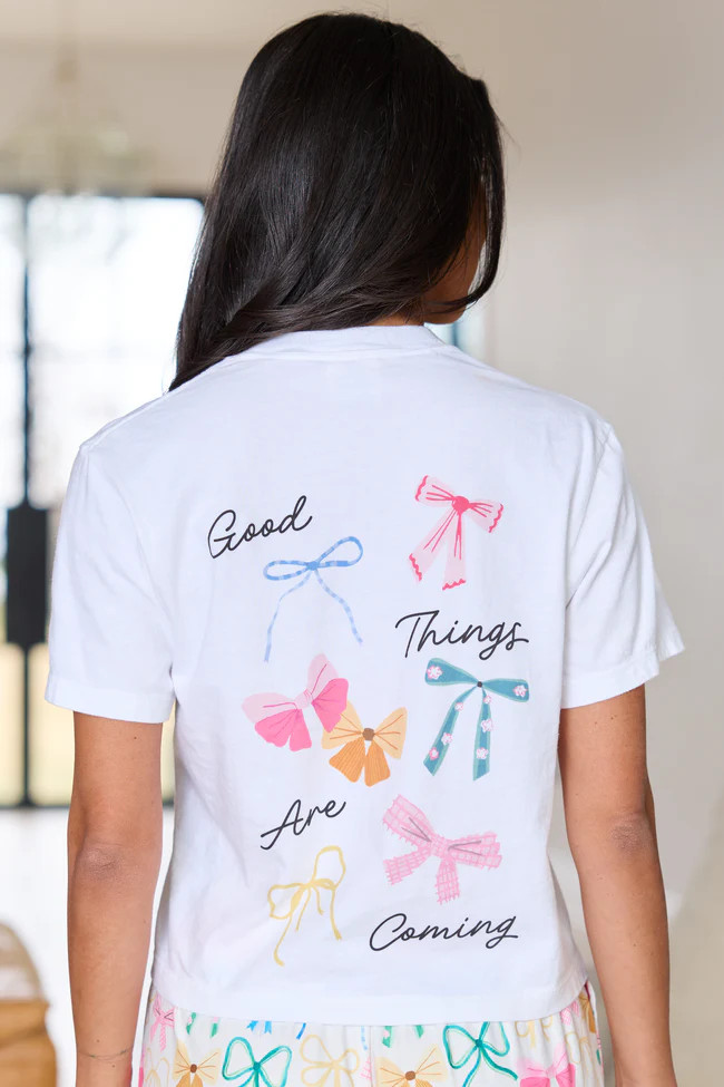 Good Things Multi Bow White Boxy Graphic Tee | Pink Lily