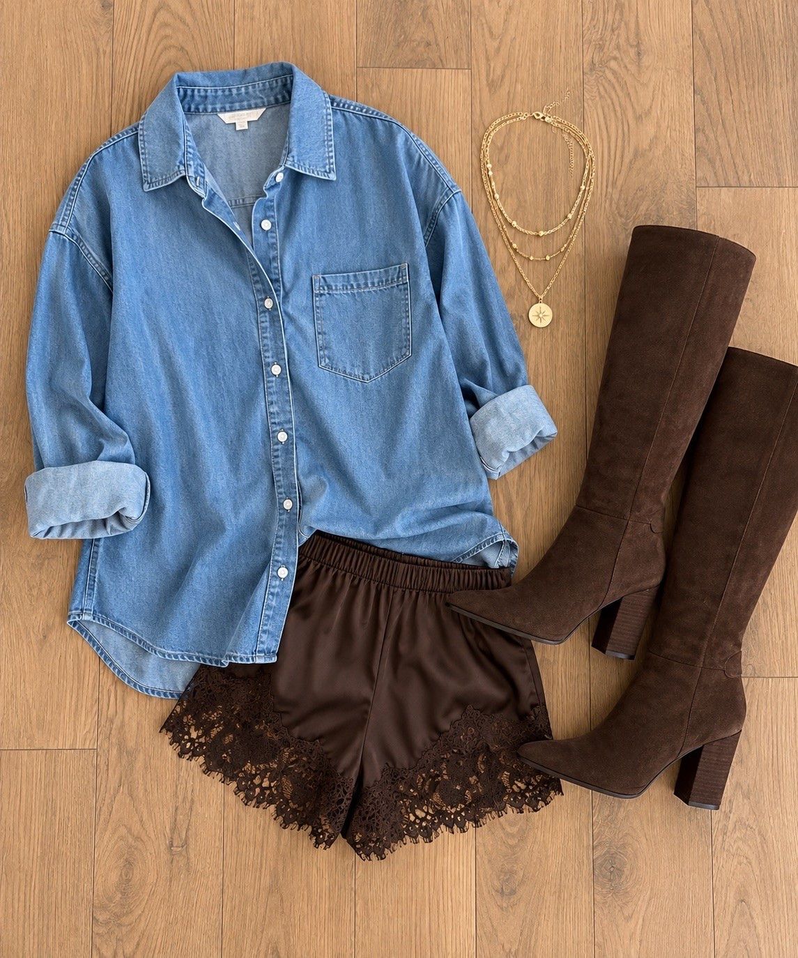 Denim + chocolate brown is winning fall for me. The lace shorts and tall suede boots make this combo SO good.

denim shirt, chocolate brown outfit, lace shorts, suede boots, knee high boots, fall outfit, denim and brown, warm fall outfit, fall fashion, transitional fall style, brown boots, JulieFranks