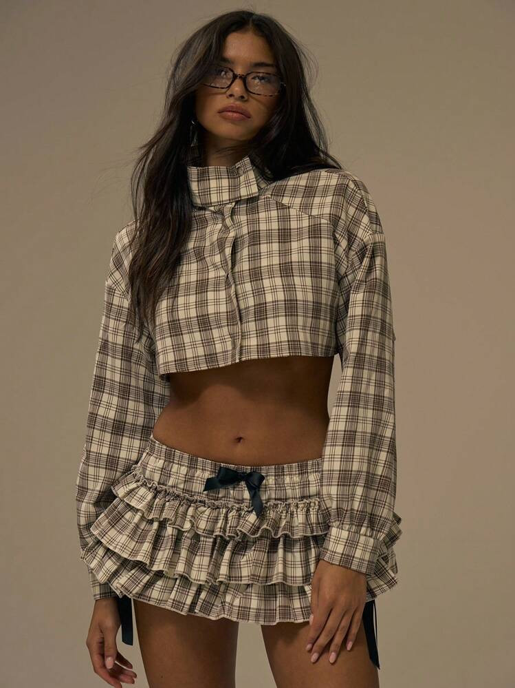 MUSERA Funnel Neck Cropped Checked Jacket Cute Streetwear Festival Farmhouse, Country, Plaid, Vintage, Autumn Cropped Checked High Neck Jacket Autumn Winter Cute Spring Spring Summer Vacation | SHEIN